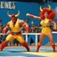 Placeholder: (1960’s stop-motion animation style of las reinas del combate en el suelo in Mexico) Two fierce rivals, one woman with fiery red hair clad in a bold yellow swimsuit, a bull guy in striking blue, engage in a brutal and exhausting battle on the mat. Each move they make is crucial, every shift in advantage a dance between victory and defeat.