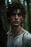 Placeholder: thin 17 year old male with dark tangled and knotty hair and blue eyes wearing a ripped and dirty white teeshirt, in a forest , photorealistic, 4k, dark fantasy