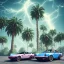 Placeholder: 1980's aesthetic vaporwave palm trees and spheres and Porsche with lightning