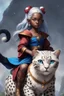 Placeholder: A cute eight-year-old sorceress, with dark skin, straight snow-white hair tied in a braid, with blue eyes, wearing a blue sorcerer gown, riding on the back of a giant furry leopard cat.