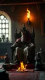 Placeholder: Create an image of king on his throne in an old house with a fireplace with strange statues in side a temple with dim light of fire torch on the wall in the background
