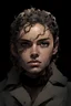 Placeholder: Portrait of a young woman with long curly hair. Include a short black horn on her forehead, and make it distinctive. include gray eyes, with a dark tanned skin complexion. Draw the portrait in the style of Yoji Shinkawa.