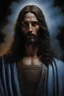 Placeholder: 3D Portrait of Jesus of Nazareth, perfect body, perfect face, perfect eyes, dark hair, glamorous, gorgeous, delicate, romantic, realistic, romanticism, blue tones, Boris Vallejo - Pitch black Background - dark, wood panel wall in the background - fire, fog, mist, smoke