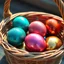 Placeholder: digital photograph — off-center modern wicker basket holds Easter eggs in vibrant azure, emerald, blush, crimson, gold, sapphire, and metallic tones. Each egg's glossy surface reflects intricate dimpled textures under dramatic cinematic HDR backlighting, emphasizing subtle sheen contrasts. Shallow depth of field softens sunlit background in hyperrealistic 8k clarity.