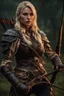 Placeholder: blonde female hunter with a bow wearing leather half armour dark fantasy Realistic 4k