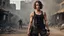 Placeholder: beautiful slender caucasian female technician with a knife, black tank top, well toned muscles, weathered face, scratched sand camo metal details, short brunette wavy bob haircut, dystopian, postapocalyptic city scene with smoke and explosions. giant robot in the background