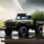 Placeholder: photorealistic shot, muddy military toy truck, monotone color palette, sharp focus, puddle reflection, tire water splash, refraction, mist on the horizon, shadowcast, detailed and intricate, cinematic composition, micro, tilt shift photography