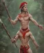 Placeholder: Guaicaipuro, native american god, tall and muscular warrior, red feathers headdress, shirtless, holding a stone tip spear