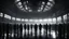 Placeholder: many people man and women standing in circle, one man in centre, inside dark extremely large sci-fi old hangar high ceiling, dark room, rain, wet, ambient light, photographic, black and white