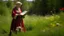 Placeholder: An elderly peasant woman, seen in full body, wearing clothing appropriate to her work, is reading a letter outdoors. She is standing and holding a red umbrella, and is in a field of grass and flowers with many trees in the background.