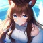 Placeholder: Clear focus, High resolution, Long fluffy brown hair, blue eyes, wearing a white skirt, detailed outfit, wearing a jacket oversized off shoulder, rough line, hair above ears, dog ears, off shoulder white shirt