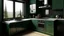 Placeholder: kitchen with dark green furniture, on the left side by the window from the bottom up, a microwave and an oven installed in the furniture, and on the right side and next to it an induction hob and a cooker hood above it, on the right side there is a sink and a dishwasher underneath it