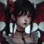 Placeholder: a pretty girl, 14 years old, black hair, vampire, red eyes, realism, stylised, fantasy, mystery