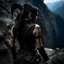 Placeholder: a beautiful tiefling woman with dark hair in a sleeveless battle outfit, seen from the back, at the edge of a precipice, ready to jump, photo quality, dark colors