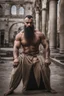 Placeholder: full figure shot photography of a burly ugly 30 year old italian boxer with big broken nose, very long muslim black beard, muscular beefy man shirtless, manly chest, big shoulders, shaved hair, bulge, photorealistic