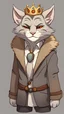 Placeholder: Studio ghibli style Male khajiit with grey fur wearing a crown and modern jacket