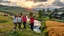 Placeholder: a group of young ladies in sports pants and blouse are dancing to camera in village over high grassy hills,a small fall and river and wild flowers at river sides, trees houses ,next to Ripe wheat ready for harvest farm,windmill ,a pretty train is arriving to station along river,a few village local shops ,cloudy sun set sky