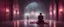 Placeholder: Hyper Realistic man praying inside a maroon wall mosque with thick fog & rainy night