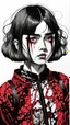 Placeholder: a full body pen and ink drawing of a deathly fatal, vampire Maisie Williams in style of Shintaro Kago, Junji Ito, 8K Resolution, highly detailed hair, body, and facial features, dark brooding, satirical atmosphere in black and red