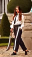 Placeholder: Full body athletic Ukraine female with black wide leg pants, white blouse, head of a Greek or roman sculpture , long hair, holding a trench cleaver, flat leather pouch on belt, thick heeled shoes