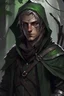 Placeholder: 35 year old male dark rogue wood elf, thief assassin, Mauve hair, messy hair, bright green eyes, brown skin, black hood, black leather, messy, disheveled, trees, sneaky, bow and arrows, tall, skinny