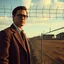 Placeholder: Photorealistic style, wasteland, Truman show, noon-light, huge fence in the background, movie shot, details, high contrasts, fence, powder, aluminum, row of houses