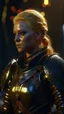 Placeholder: blonde female hunter wearing leather half armour dark fantasy Realistic 4k