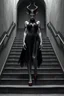 Placeholder: black and white digital art from a demonic dark elf queen in black lace dress and red shooes standing on stairs , crepy stunning , she looking defiantly in the camera , high detalied, realistic, dark fantasy, thriller, cinematic