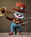 Placeholder: mechanoid happy friendly fat clown playing jazz with a steampunk theme, trumpet, realistic