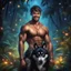 Placeholder: Hyper Realistic handsome muscular young king smiling & standing with his black husky in a dark mystical jungle at night with fireflies & colorful crystals