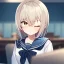 Placeholder: Clear focus,High resolution,High quality, An anime girl at class playing with her pencil, eyes closed, frown, wearing a sailor uniform, at desk, blur in the background