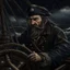 Placeholder: The large angry black haired captain "Boatsman" at the ships helm on a stormy sea realistic grimdark