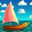 Placeholder: Small wooden ship, with bright sails, Legend Of Zelda: Wind Waker style, on a vast ocean, stylized, colorful, adventurous, full view.