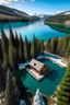 Placeholder: crea un paisaje de una cabaña rodeada de pinos a las orillas de un lago cristalino con montañas con la sima nevadas en de fondo, un dia soleado de primavera, vista desde lo alto