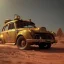 Placeholder: 3d rendering. Steampunk futuristic yellow car. Buried in desert sand. Lost in Time, dramatic lighting, hyper realistic, cinematic lighting