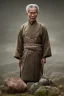 Placeholder: A man in old Japanese clothes is standing in nature while it is raining , winter rain,dramatic scene