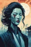 Placeholder: create an imaginative print illustration of an ethereal, otherworldly gaunt and withered ancient female Lasombra vampire , in the style of Hasui Kawase , Shiro Kasamatsu combined with the graphic novel style of Bill Sienkiewicz, with highly detailed feminine facial features