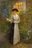 Placeholder: Night, vegetations, flowers, one woman, distant house, mistery, gothic horror films influence, gustave caillebotte, and gustave moreau paintings