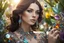 Placeholder: brunette woman in coloured glass gress set with gemstones, glittering metal stems and gemstone leaves in a flowergarden sharp focus elegant extremely detailed intricate very attractive beautiful dynamic lighting fantastic view crisp quality exquisite detail in the sunshine gems and jewels