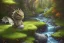 Placeholder: beautiful volumetric lush landscape environment and background, extreme macro close-up portrait of a single isolated cute baby dragon sitting on a stone within a highland streamlet, ripples, anime, realistic oil painting artwork, spindrift, highly detailed, small minutiae, tiny features, particulars, sharp lines, realistic shaded volumetric lighting, spume, 8k, uhd, zoom on dragon, concept and art by sam curry