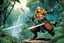 Placeholder: (in the style of Orion, by Masamune Shirow) a tattooed gangsta monk with his staff fights against a paladin knight with his two handed sword zweihander in the jungle