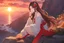 Placeholder: woman with long brown hair, red eyes, pale skin, highly detailed, intricate background, intricate face, sitting on a cliff during sunset, contemplative, anime style, Genshin Impact inspired, wears a Genshin Impact, pyro vision bracelet, dynamic composition