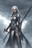 Placeholder: SA female elf with skin the color of storm clouds, deep grey, stands ready for battle. Her long black hair flows behind her like a shadow, while her eyes gleam with a fierce silver light. Despite the grim set of her mouth, there's a undeniable beauty in her fierce countenance. She's been in a fight, evidenced by the ragged state of her leather armor and the red cape that's seen better days, edges frayed and torn. In her hands, she grips two daggers, add dark shadow mystic purple flames