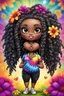 Placeholder: Create an airbrush image of a chibi black curvy female wearing a tie dye yoga outfit. Prominent make up with hazel eyes. Highly detail asymmetrical dread locs. background of colorful large flowers 2k