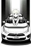 Placeholder: blonde young girl inside car, greyscale