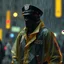 Placeholder: color 1920 policeman with exoskeleton wtih heavy rain transparent coat