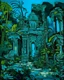 Placeholder: A teal jungle with a mysterious ruins in vorticism art style painted by Jean Dubuffet
