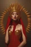 Placeholder: lady in red veils her face and has a large golden spiked crown, in the style of celestial fasion, otherworldly beauty, davide sorrenti, celestialpunk, album covers, fra angelico, aykut aydogdu, queencore, golden age aesthetics --s 750 --v 6. 0 --ar 10:13