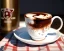 Placeholder: Cappuccino art microfoam in mug saucer Crawford plaid napkin Demitasse