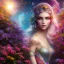 Placeholder: bright fairy, beautiful portrait, flowery landscape, cosmic ambiance